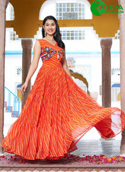 New Designer Orange Color Georgette Gamthi, Mirror and Strips Print Work Designer Gown
